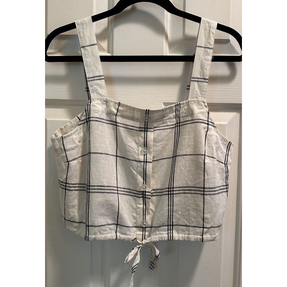 A New Day Women's Crop Top With Buttons and Drawstring M, Cream and Blue NWT